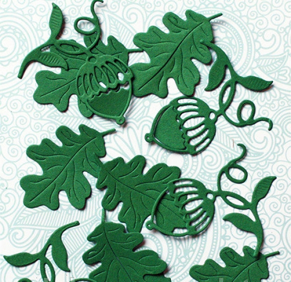 Фигурные вырубки "Листья дуба с желудями", темно-зеленые, 3х4см, 10 шт.