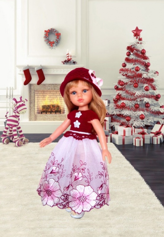 Бордовое платье и шапочка для куклы Паола Рейна