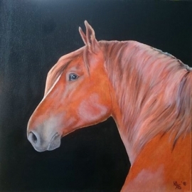 Картина "Голова рыжей лошади породы советский тяжеловоз", масло